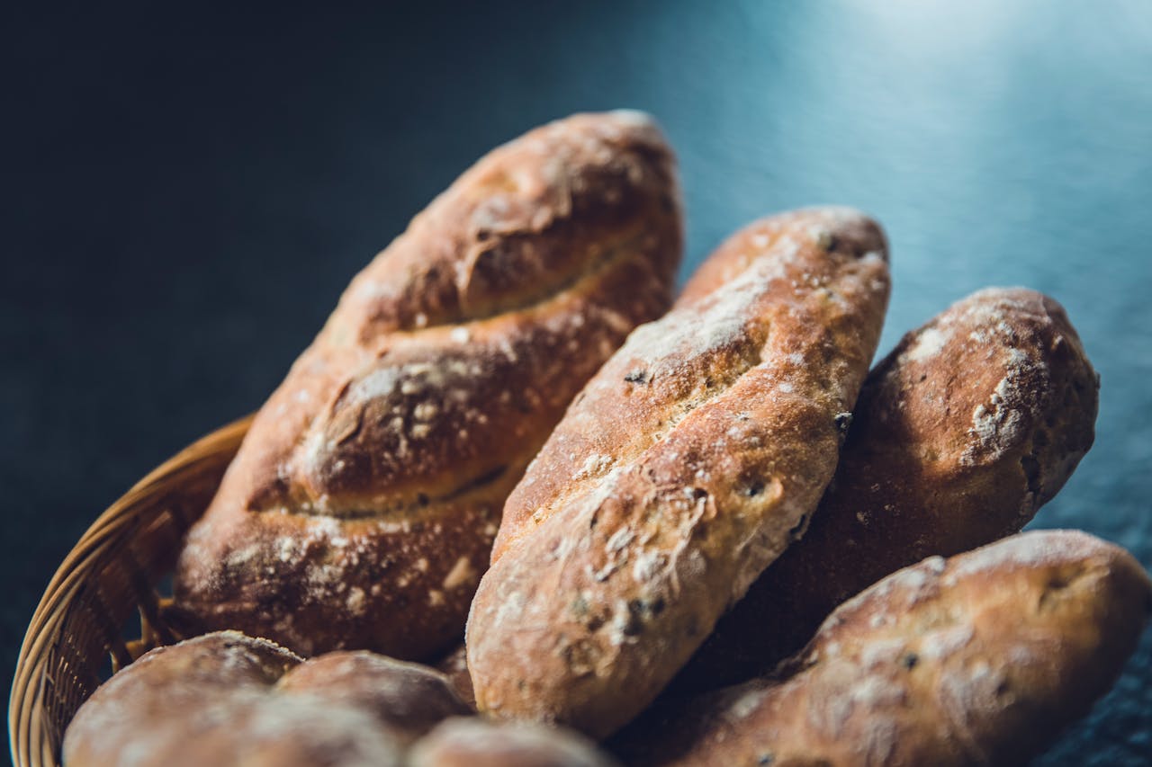 services-03 Artistic close-up of rustic bread loaves in a basket, highlighting texture and warm tones. Perfect for food themes.